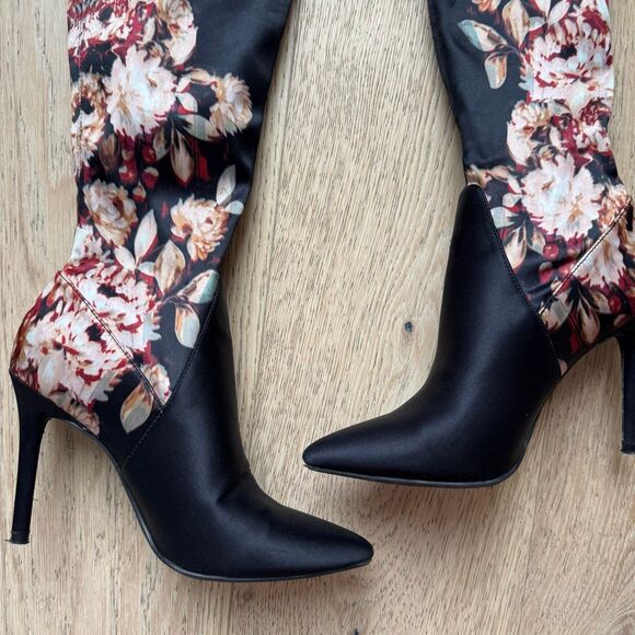 Jessica Simpson Over The Knee Stretch Black Floral Stiletto 4” Heel Size 6 Black - Picture 3 of 7